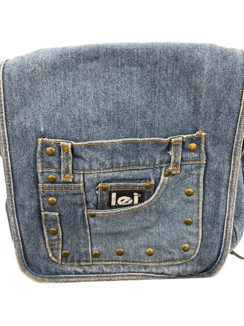 Vintage Y2K lei Denim-Style Messenger Bag with Brass Studs - Light Blue